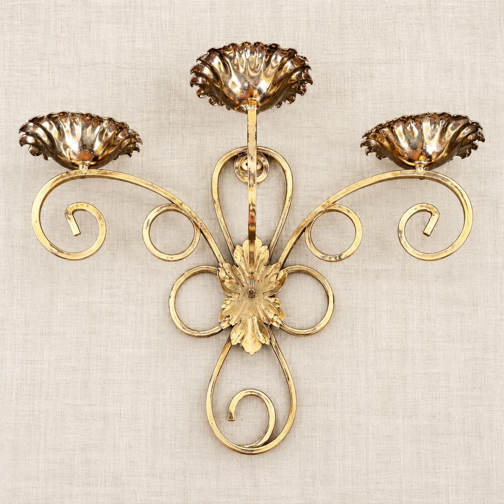 Vintage Gold Tone 3 Candle Wall Sconce Scrollwork Floral Metal Candle Holder